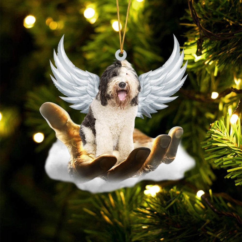Dog Christmas Ornament, Sheepadoodle On The Hands Of Jesus Ornament, Pet Christmas Ornaments