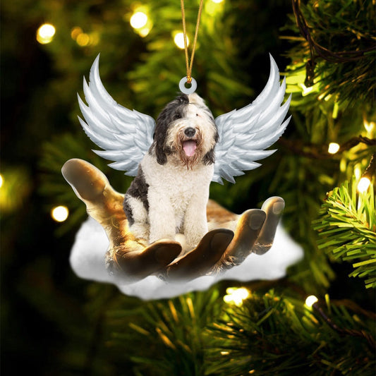 Dog Christmas Ornament, Sheepadoodle On The Hands Of Jesus Ornament, Pet Christmas Ornaments