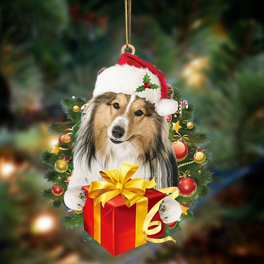Dog Christmas Ornament, Shetland Sheepdog Dogs give gifts Hanging Ornament, Pet Christmas Ornaments