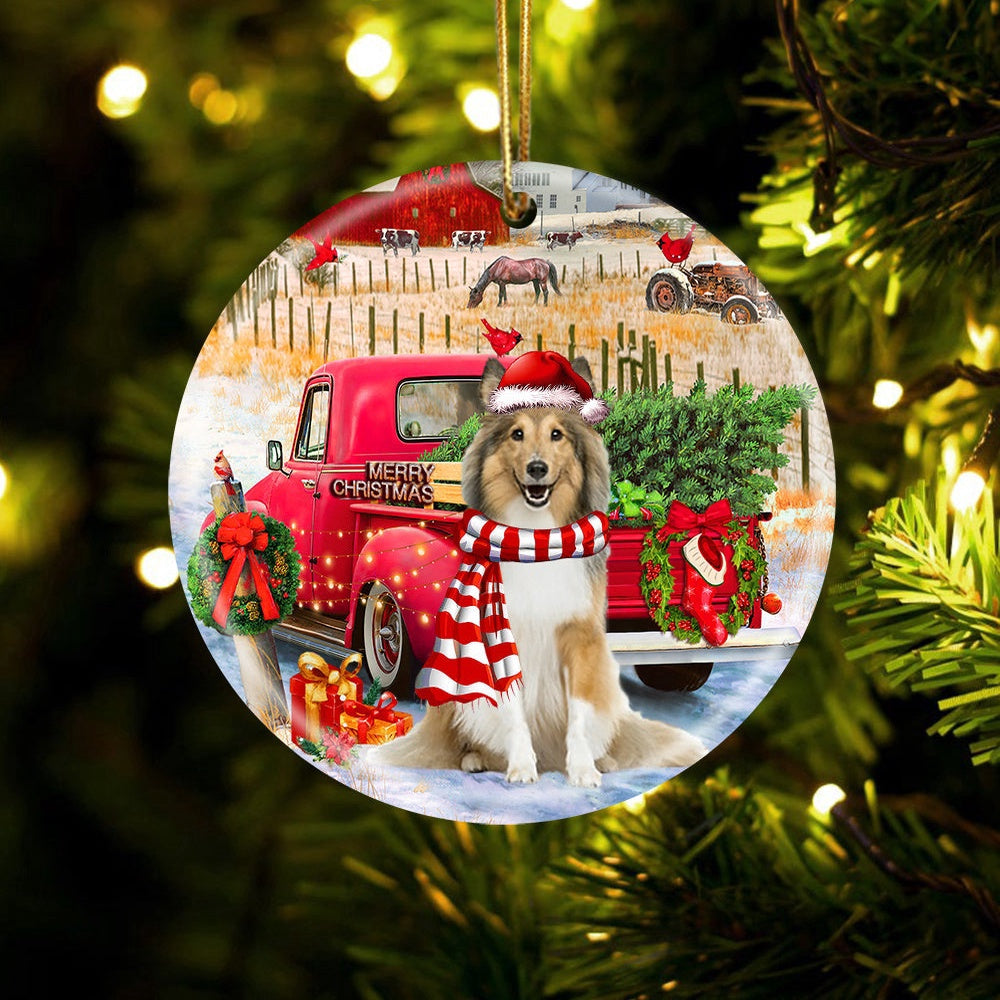 Dog Christmas Ornament, Shetland Sheepdog With Red Truck Christmas Ornament, Pet Christmas Ornaments