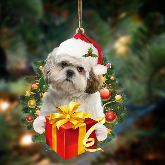 Dog Christmas Ornament, Shih Tzu Dogs give gifts Hanging Ornament, Pet Christmas Ornaments