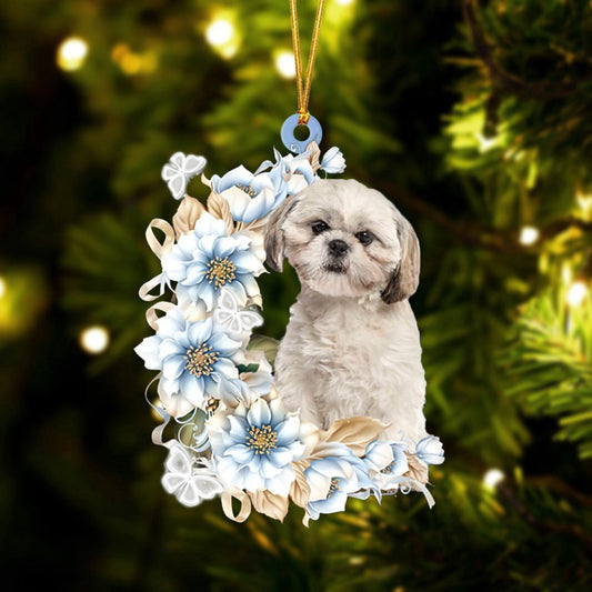 Dog Christmas Ornament, Shih Tzu Flowers Moon Ornament, Pet Christmas Ornaments