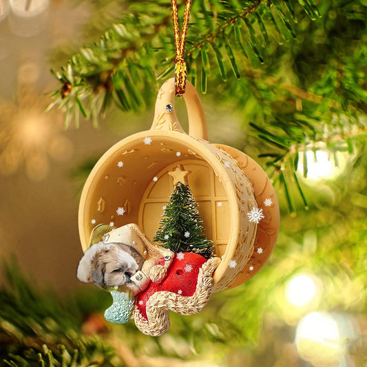 Dog Christmas Ornament, Shih Tzu Sleeping In A Cup Christmas Ornament, Pet Christmas Ornaments