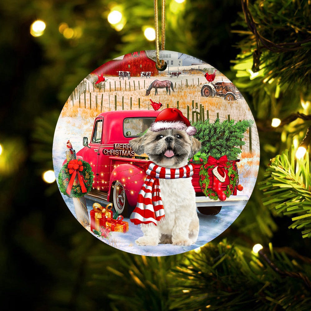 Dog Christmas Ornament, Shih Tzu With Red Truck Christmas Ornament, Pet Christmas Ornaments