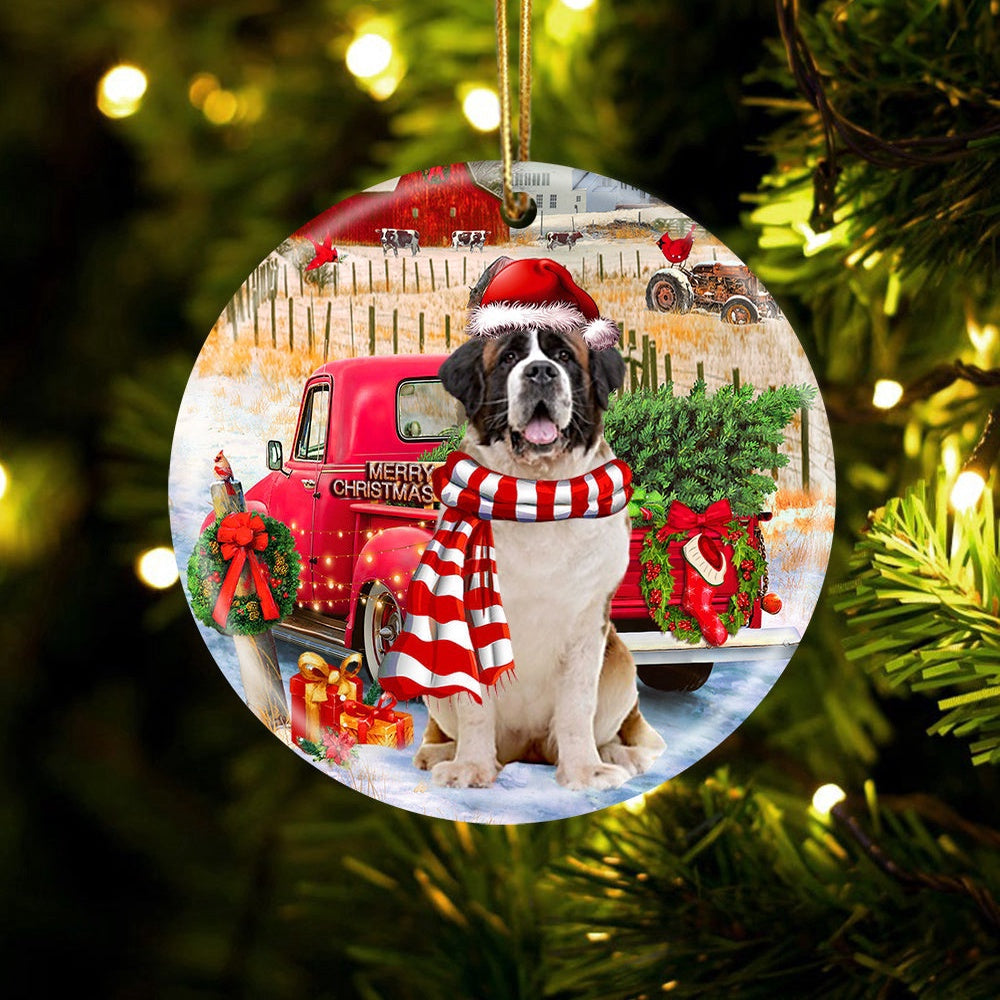 Dog Christmas Ornament, St Bernard With Red Truck Christmas Ornament, Pet Christmas Ornaments