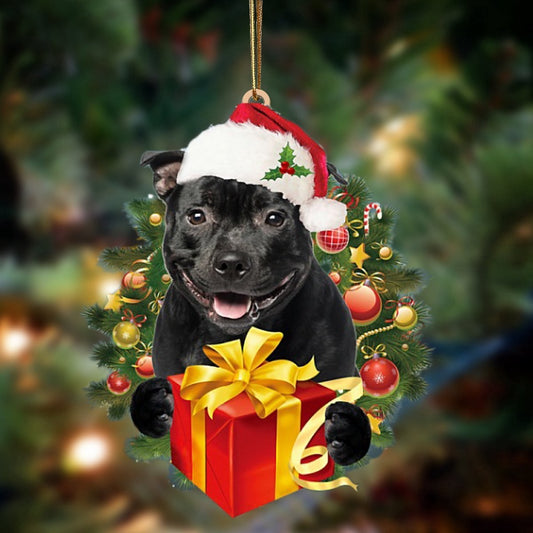 Dog Christmas Ornament, Staffordshire Bull Terrier Dogs give gifts Hanging Ornament, Pet Christmas Ornaments