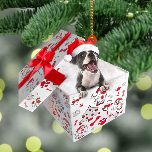 Dog Christmas Ornament, Staffordshire Bull Terrier In Gift Box Christmas Ornament, Pet Christmas Ornaments
