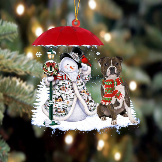 Dog Christmas Ornament, Staffordshire Bull Terrier With Snowman Christmas Ornament, Pet Christmas Ornaments