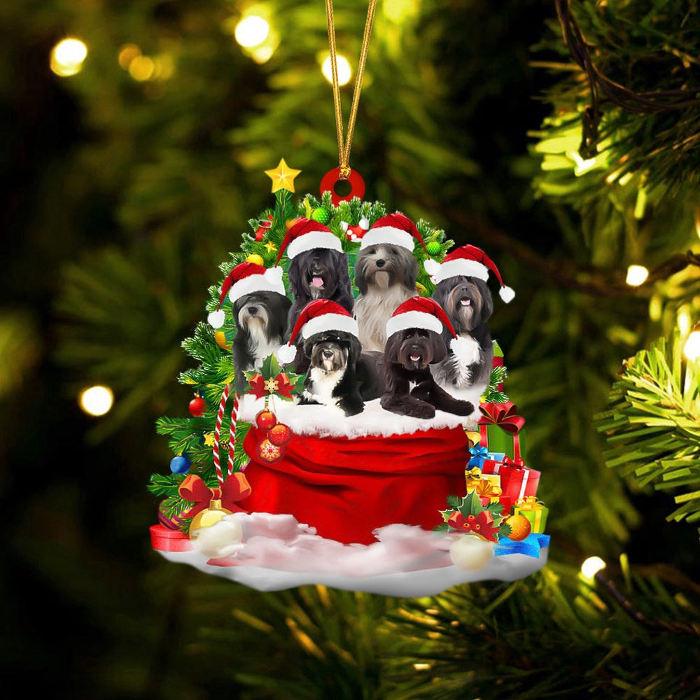 Dog Christmas Ornament, Tibetan Terrier Dogs In A Gift Bag Christmas Ornament, Pet Christmas Ornaments