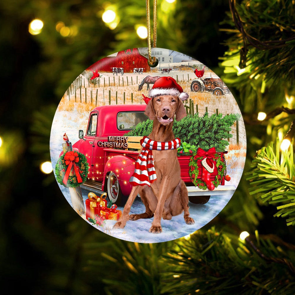 Dog Christmas Ornament, Vizsla With Red Truck Christmas Ornament, Pet Christmas Ornaments