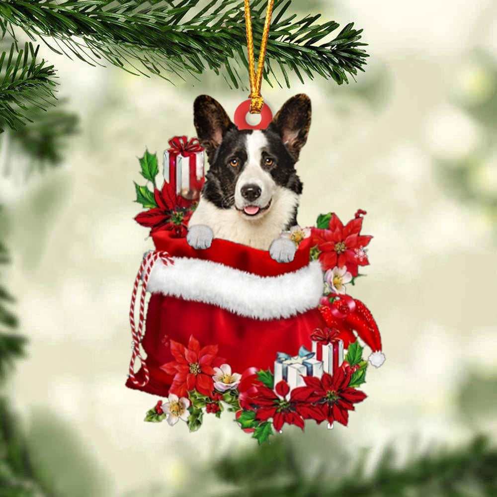 Dog Christmas Ornament, Welsh Corgi In Gift Bag Christmas Ornament, Pet Christmas Ornaments