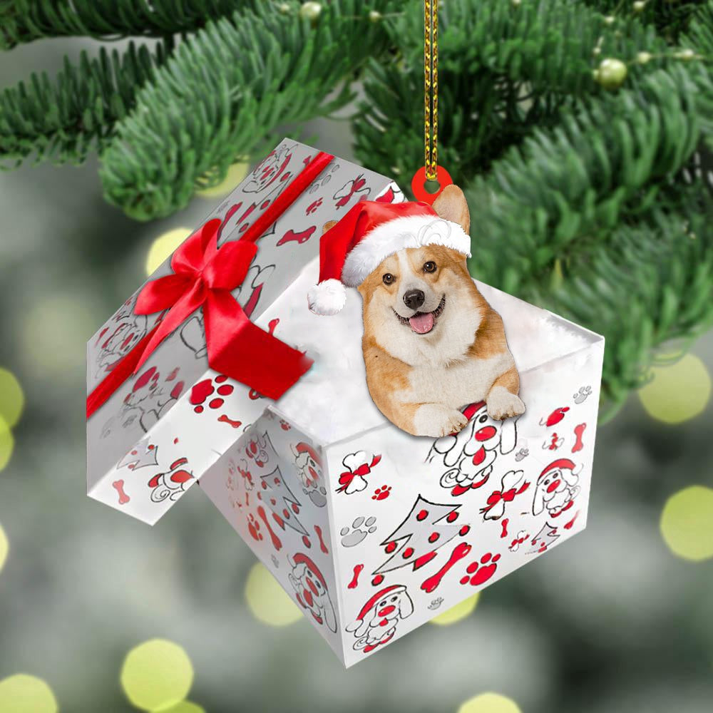 Dog Christmas Ornament, Welsh Corgi In Gift Box Christmas Ornament, Pet Christmas Ornaments