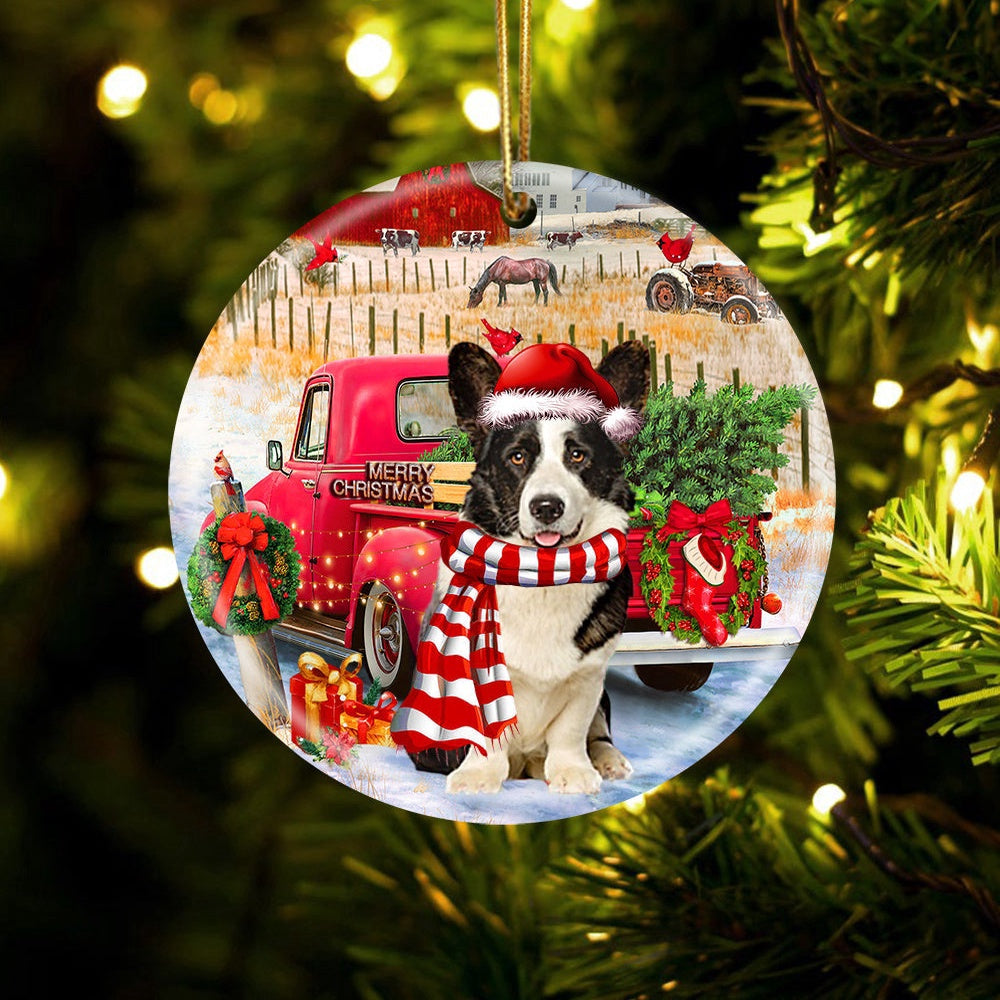Dog Christmas Ornament, Welsh Corgi With Red Truck Christmas Ornament, Pet Christmas Ornaments