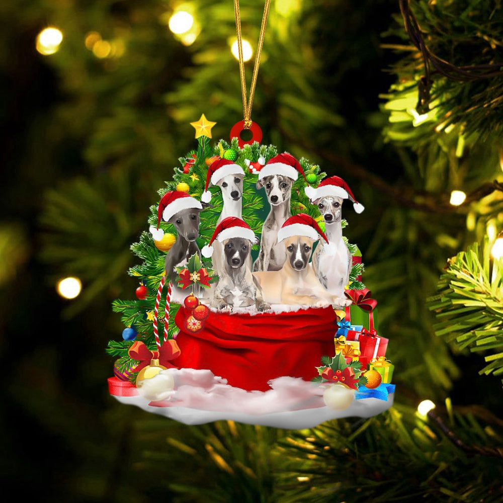 Dog Christmas Ornament, Whippet Dogs In A Gift Bag Christmas Ornament, Pet Christmas Ornaments