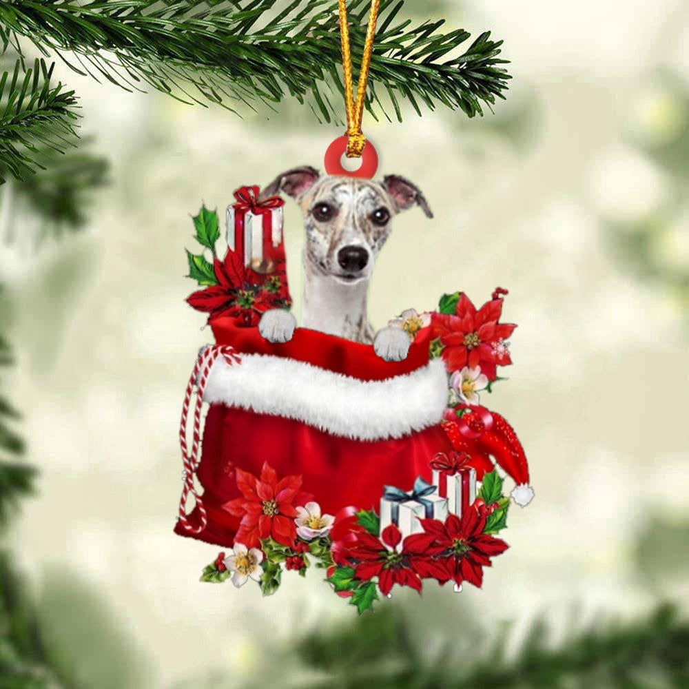 Dog Christmas Ornament, Whippet In Gift Bag Christmas Ornament, Pet Christmas Ornaments