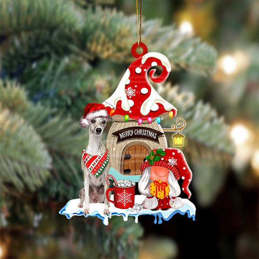 Dog Christmas Ornament, Whippet With Mushroom House Christmas Ornament, Pet Christmas Ornaments