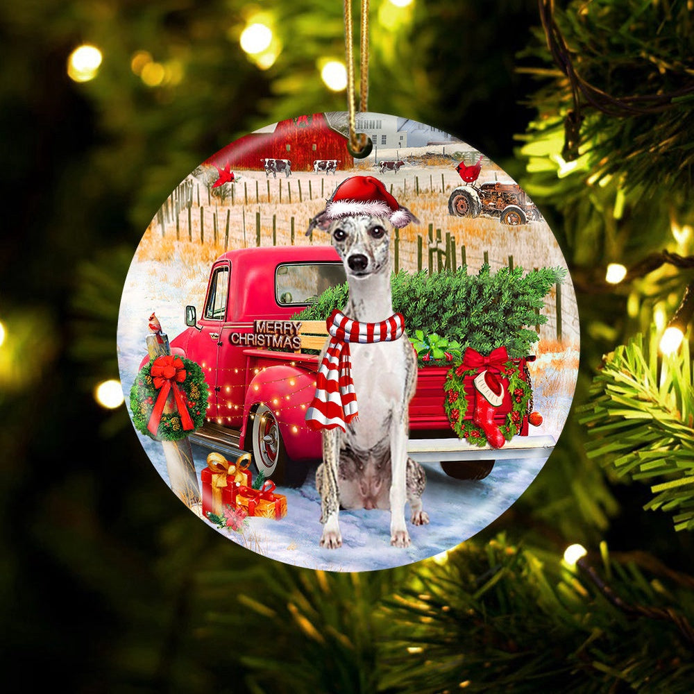 Dog Christmas Ornament, Whippet With Red Truck Christmas Ornament, Pet Christmas Ornaments