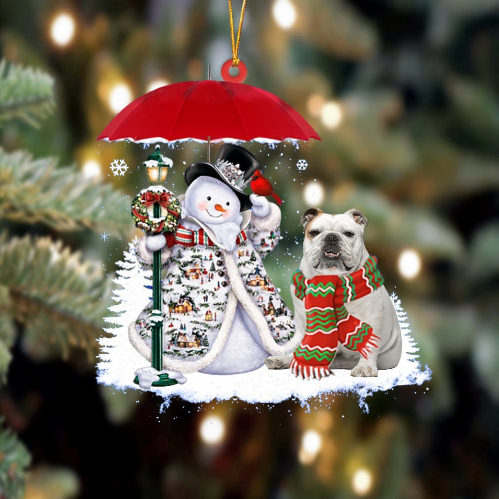 Dog Christmas Ornament, White American bulldog With Snowman Christmas Ornament, Pet Christmas Ornaments