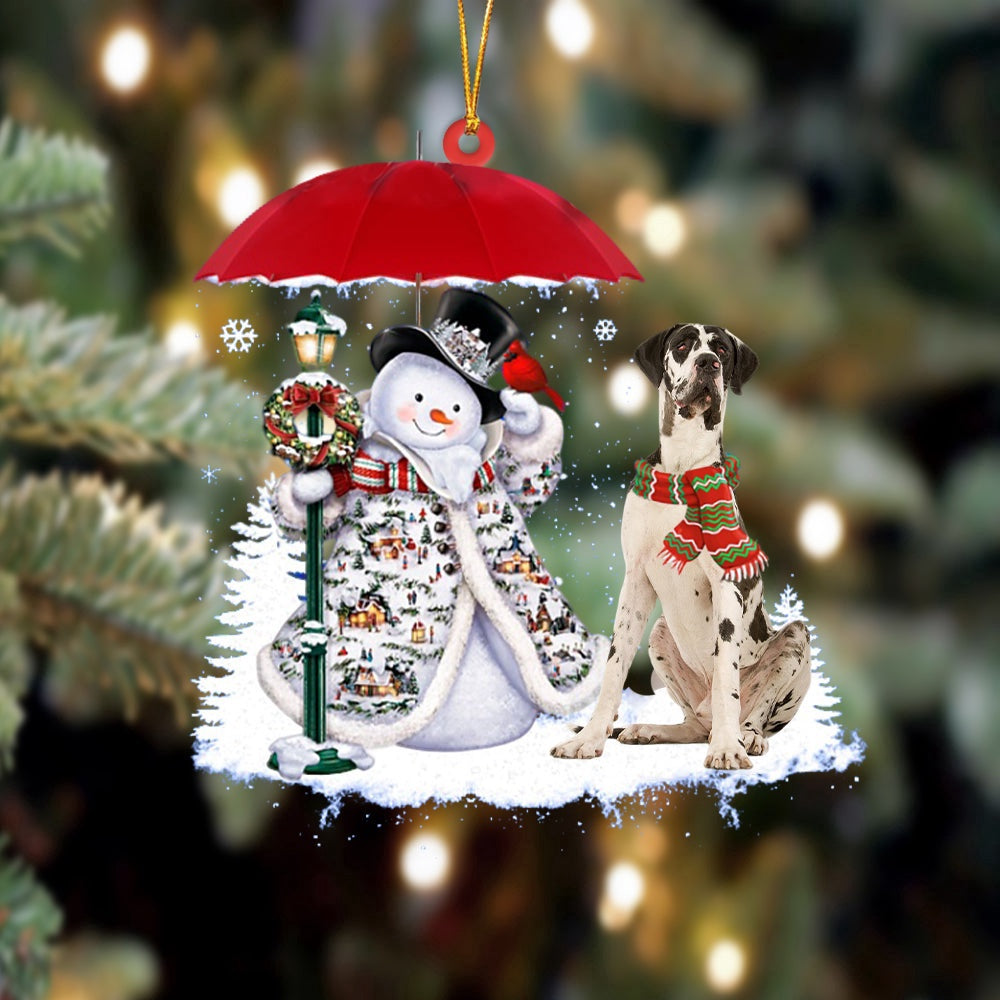 Dog Christmas Ornament, White Great Dane With Snowman Ornament, Pet Christmas Ornaments