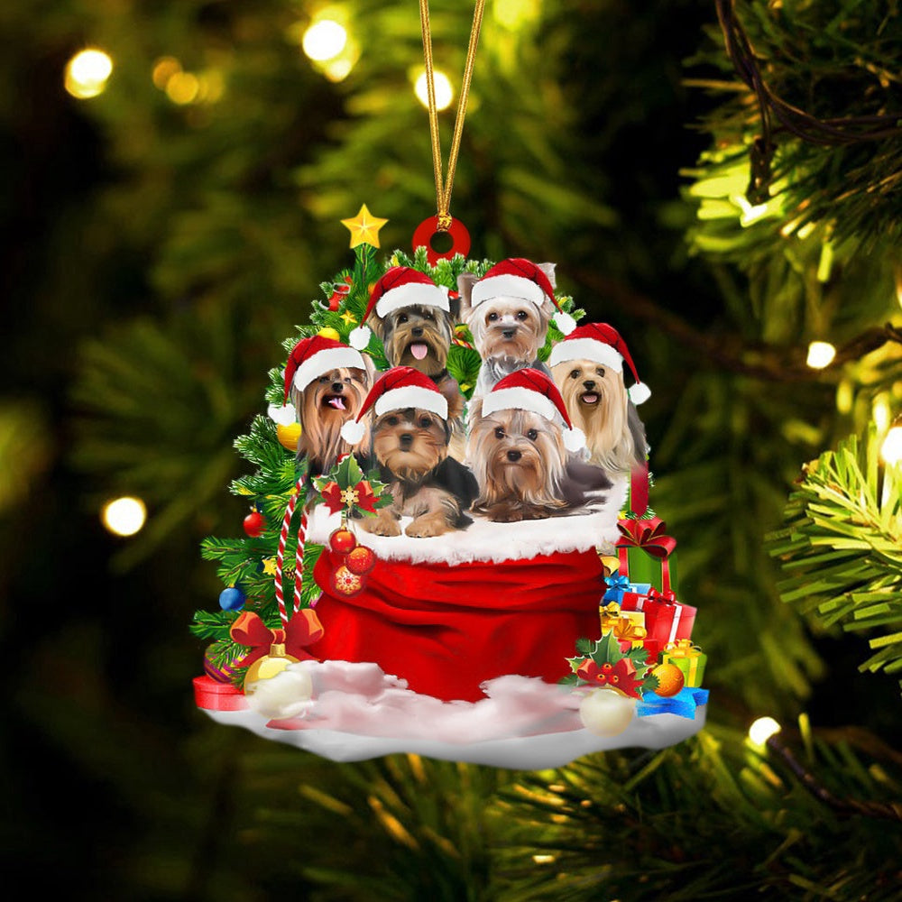 Dog Christmas Ornament, Yorkshire Terrier Dogs In A Gift Bag Christmas Ornament, Pet Christmas Ornaments
