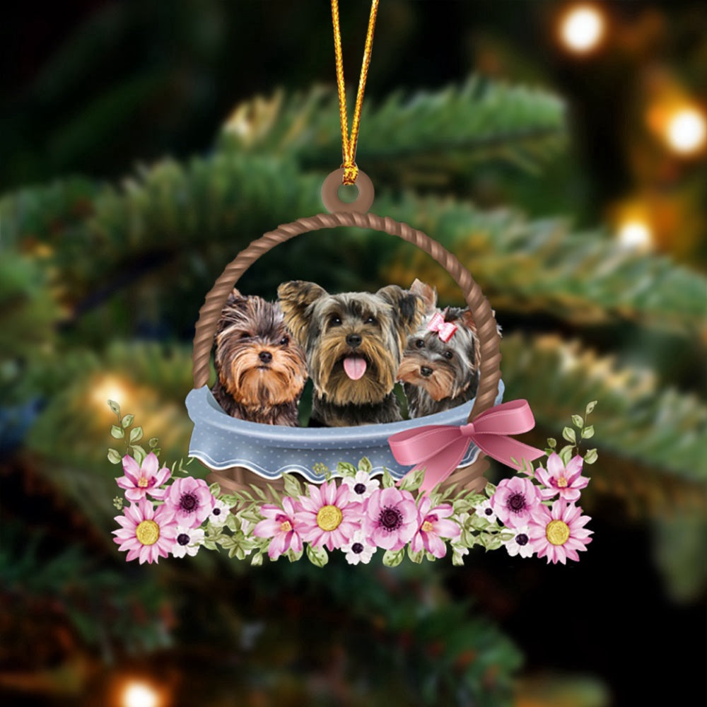 Dog Christmas Ornament, Yorkshire Terrier Dogs In The Basket Ornament, Pet Christmas Ornaments