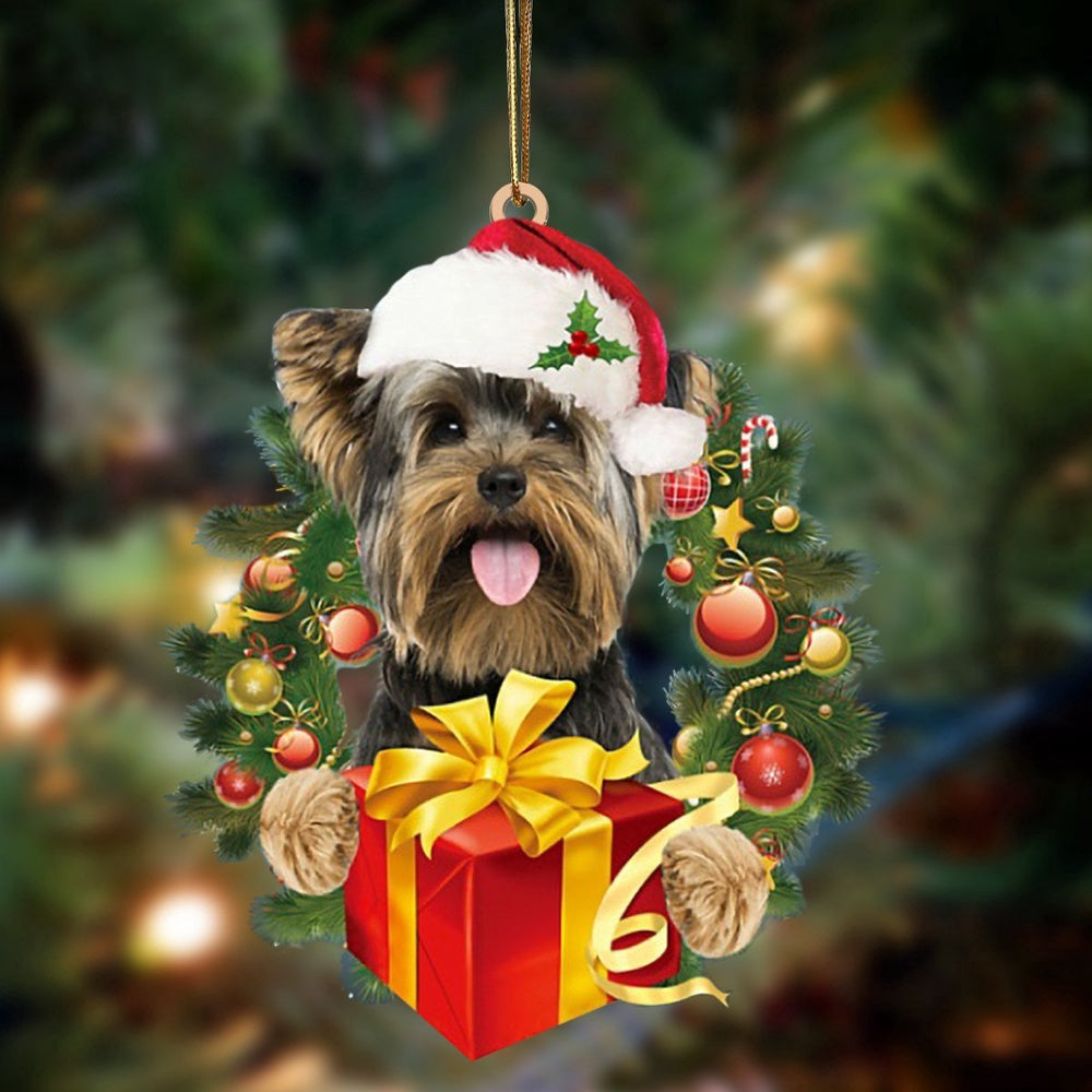 Dog Christmas Ornament, Yorkshire Terrier Dogs give gifts Hanging Ornament, Pet Christmas Ornaments