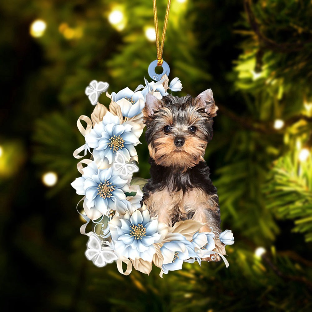 Dog Christmas Ornament, Yorkshire Terrier Flowers Moon Ornament, Pet Christmas Ornaments