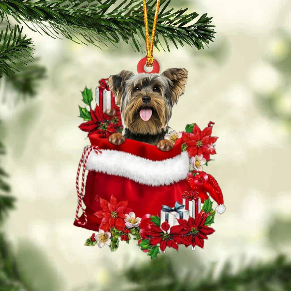 Dog Christmas Ornament, Yorkshire Terrier In Gift Bag Christmas Ornament, Pet Christmas Ornaments