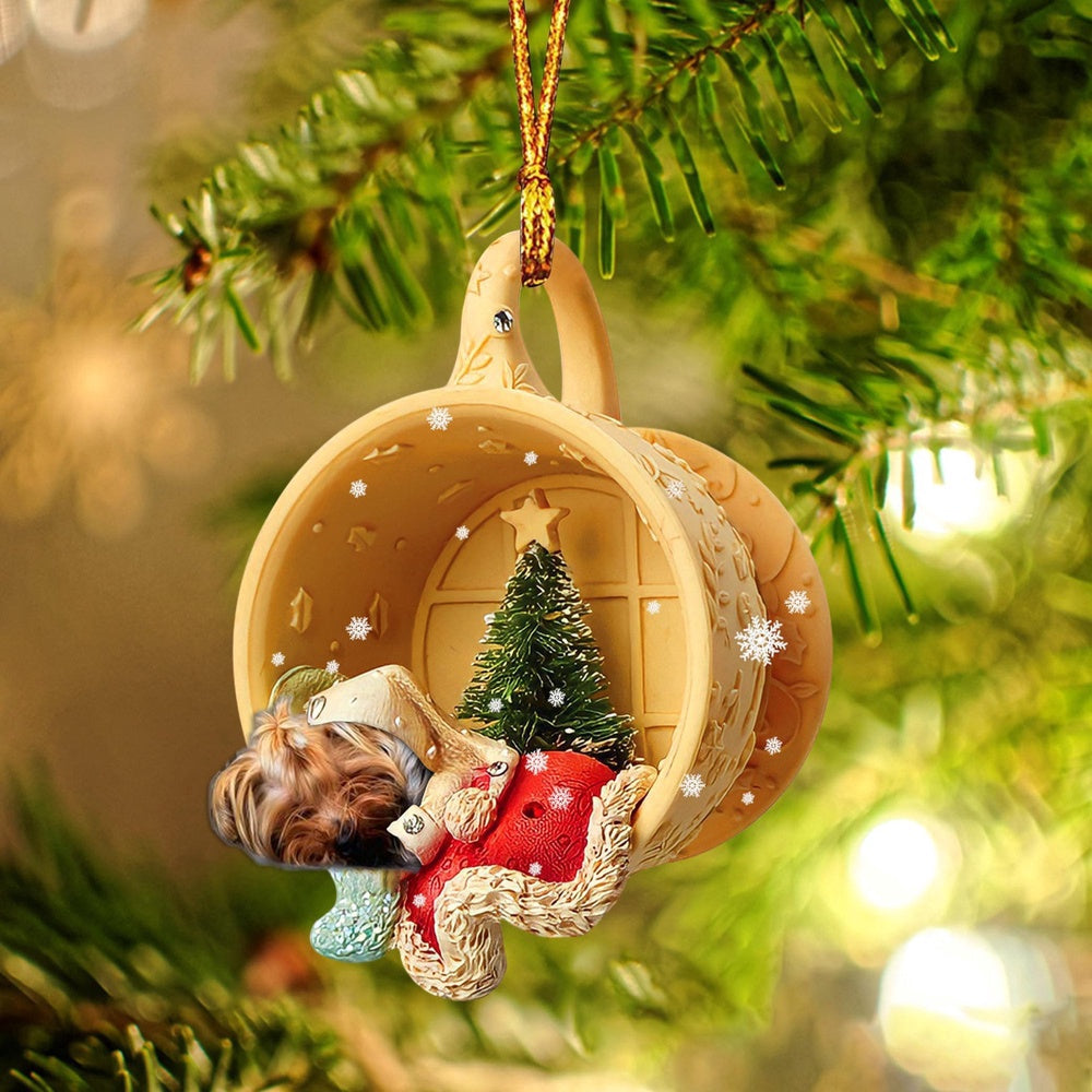 Dog Christmas Ornament, Yorkshire Terrier Sleeping In A Cup Christmas Ornament, Pet Christmas Ornaments