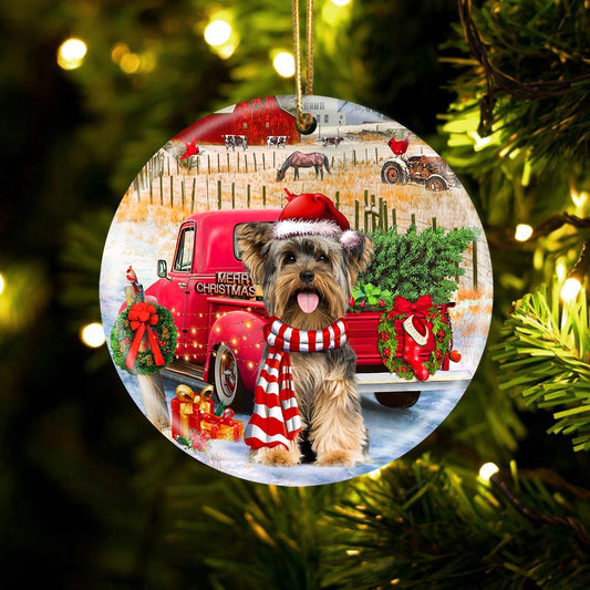Dog Christmas Ornament, Yorkshire Terrier With Red Truck Christmas Ornament, Pet Christmas Ornaments