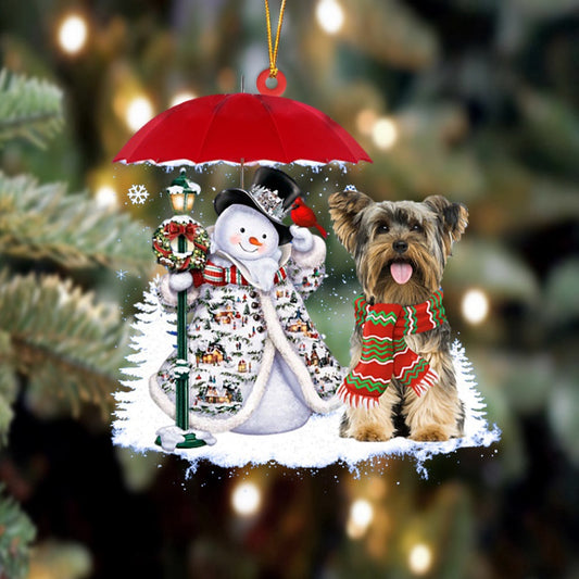 Dog Christmas Ornament, Yorkshire Terrier With Snowman Christmas Ornament, Pet Christmas Ornaments