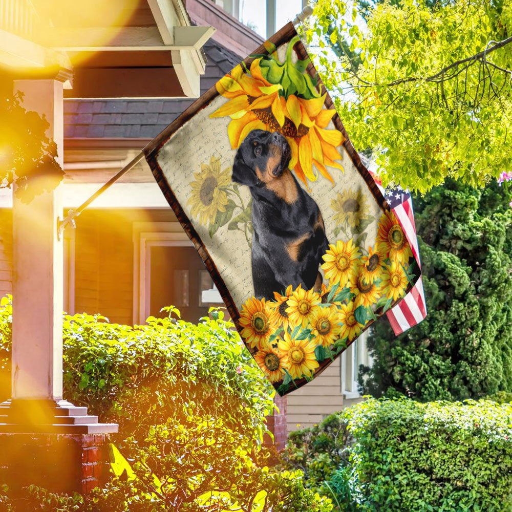 Dog Garden Flags, Adorable Rottweiler Flag, Rottweiler Dog With Sunflower Flag, Dog Flags For House, Dog Owner Gift