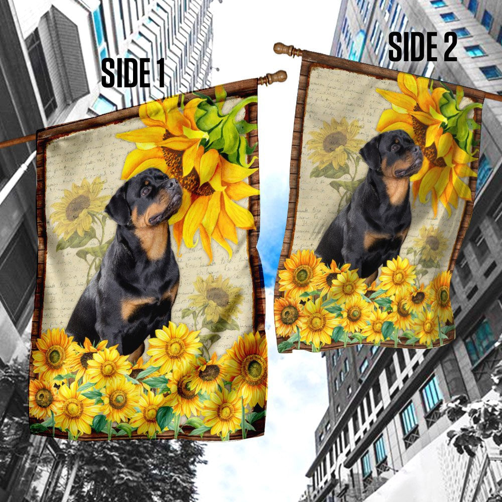 Dog Garden Flags, Adorable Rottweiler Flag, Rottweiler Dog With Sunflower Flag, Dog Flags For House, Dog Owner Gift