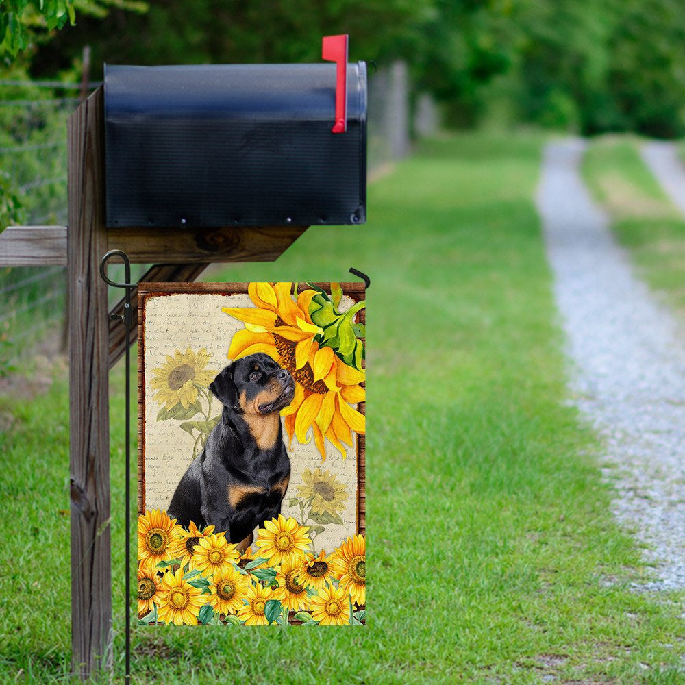 Dog Garden Flags, Adorable Rottweiler Flag, Rottweiler Dog With Sunflower Flag, Dog Flags For House, Dog Owner Gift
