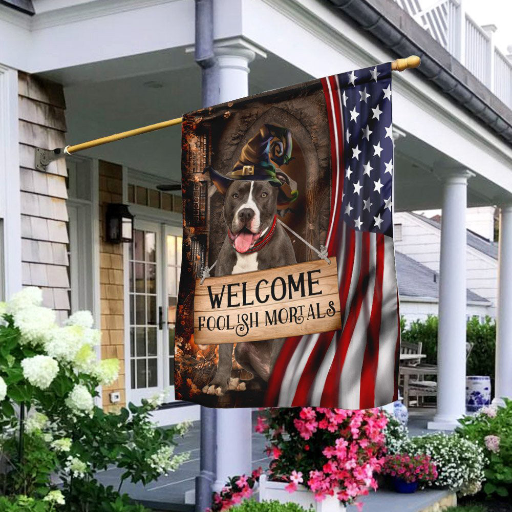Dog Garden Flags, Pit Bull Welcome Foolish Mortals Flag, Dog Flags For House, Dog Owner Gift