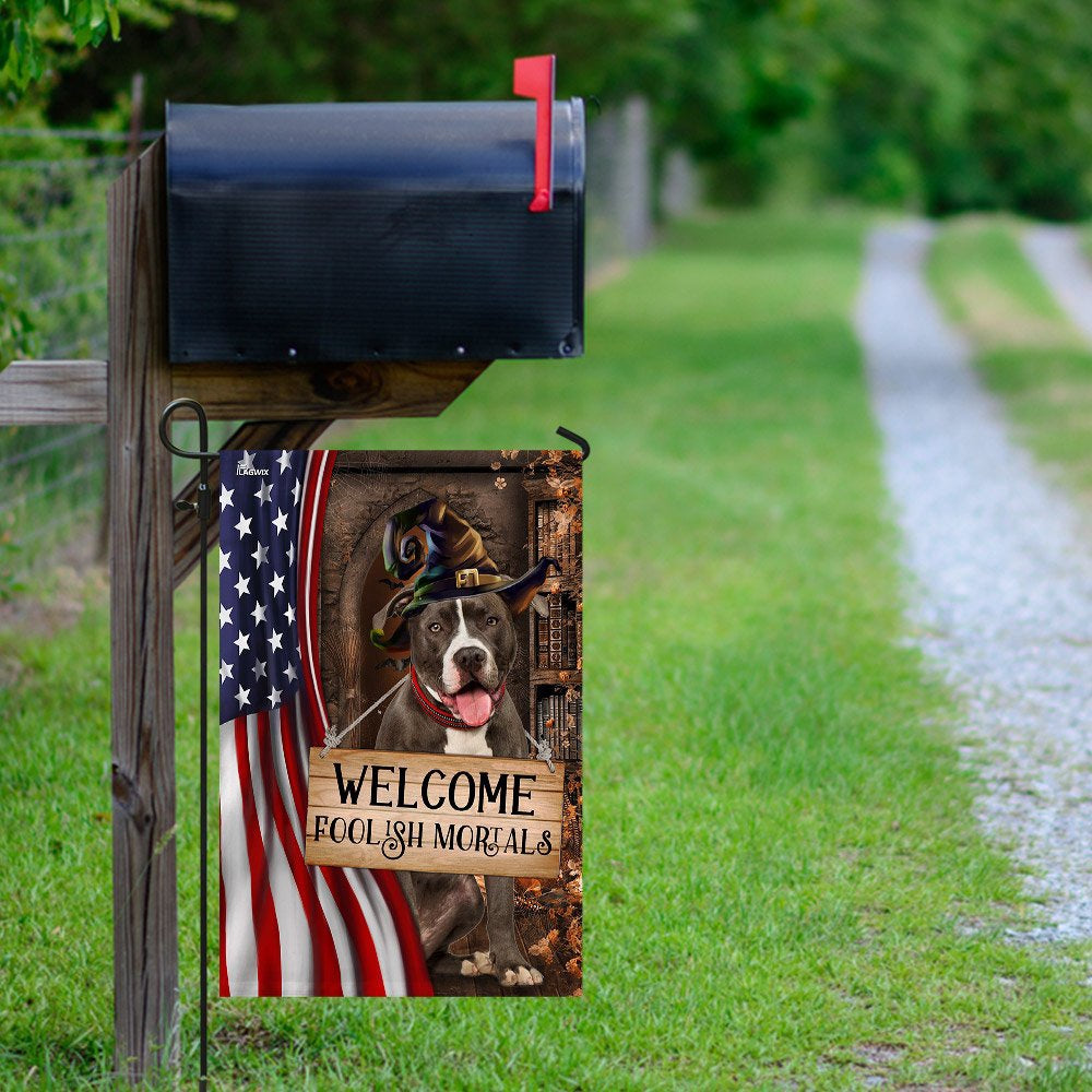 Dog Garden Flags, Pit Bull Welcome Foolish Mortals Flag, Dog Flags For House, Dog Owner Gift