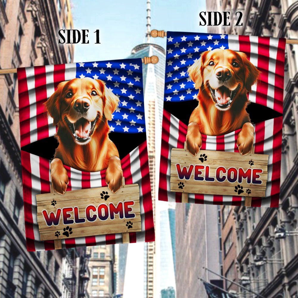 Dog Garden Flags,  Red Golden Retriever Dog Welcome American Flag, Dog Flags For House, Dog Owner Gift