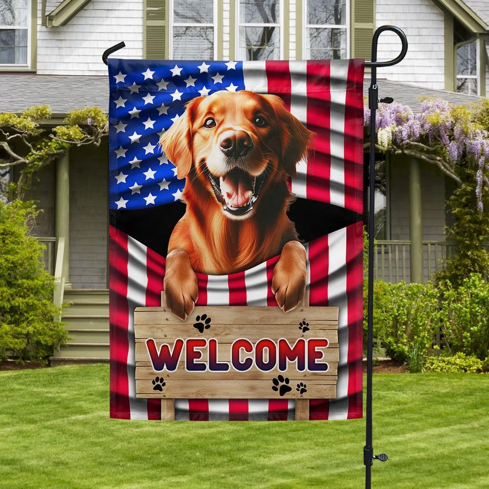 Dog Garden Flags,  Red Golden Retriever Dog Welcome American Flag, Dog Flags For House, Dog Owner Gift