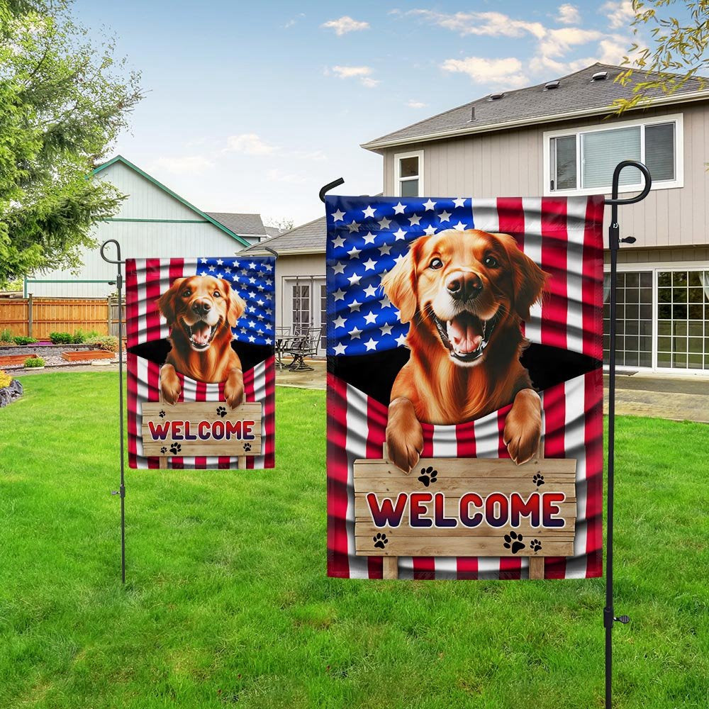 Dog Garden Flags,  Red Golden Retriever Dog Welcome American Flag, Dog Flags For House, Dog Owner Gift
