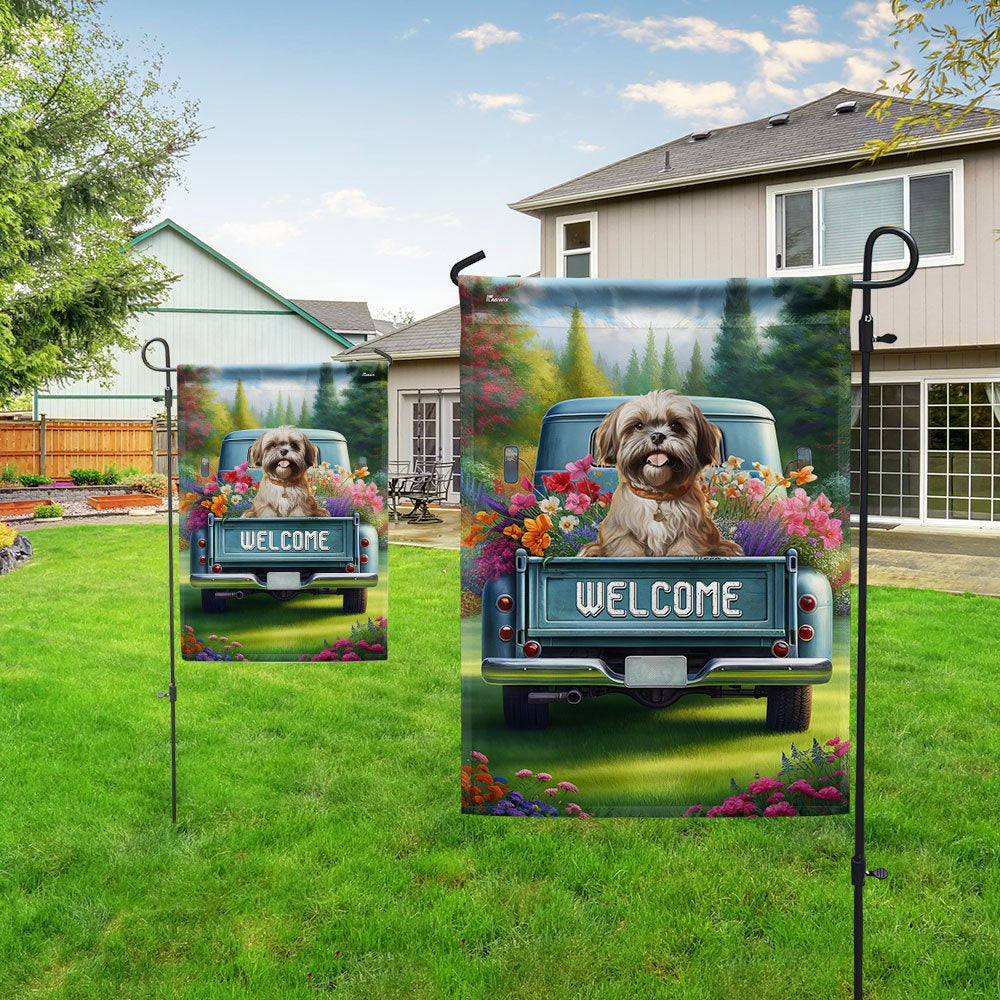 Dog Garden Flags, Shih-Tzu Dog On Pickup Truck Shih-Tzu Flag, Dog Flags For House, Dog Owner Gift