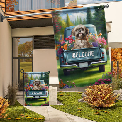 Dog Garden Flags, Shih-Tzu Dog On Pickup Truck Shih-Tzu Flag, Dog Flags For House, Dog Owner Gift