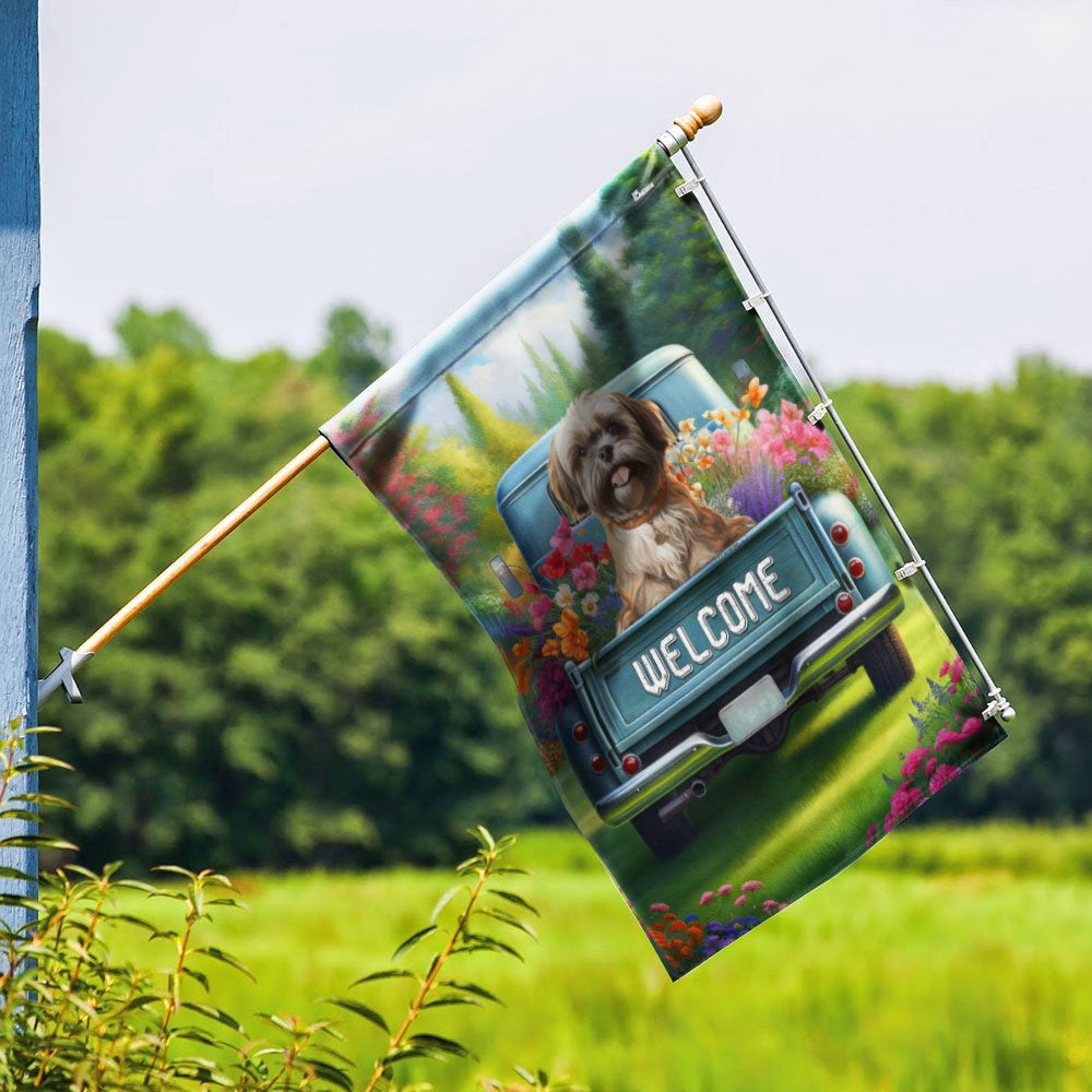 Dog Garden Flags, Shih-Tzu Dog On Pickup Truck Shih-Tzu Flag, Dog Flags For House, Dog Owner Gift