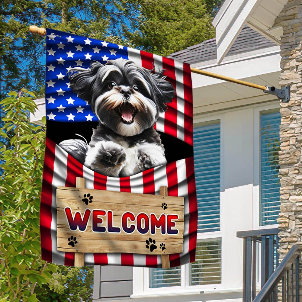 Dog Garden Flags,  Shih Tzu Dog Welcome American Flag, Dog Flags For House, Dog Owner Gift