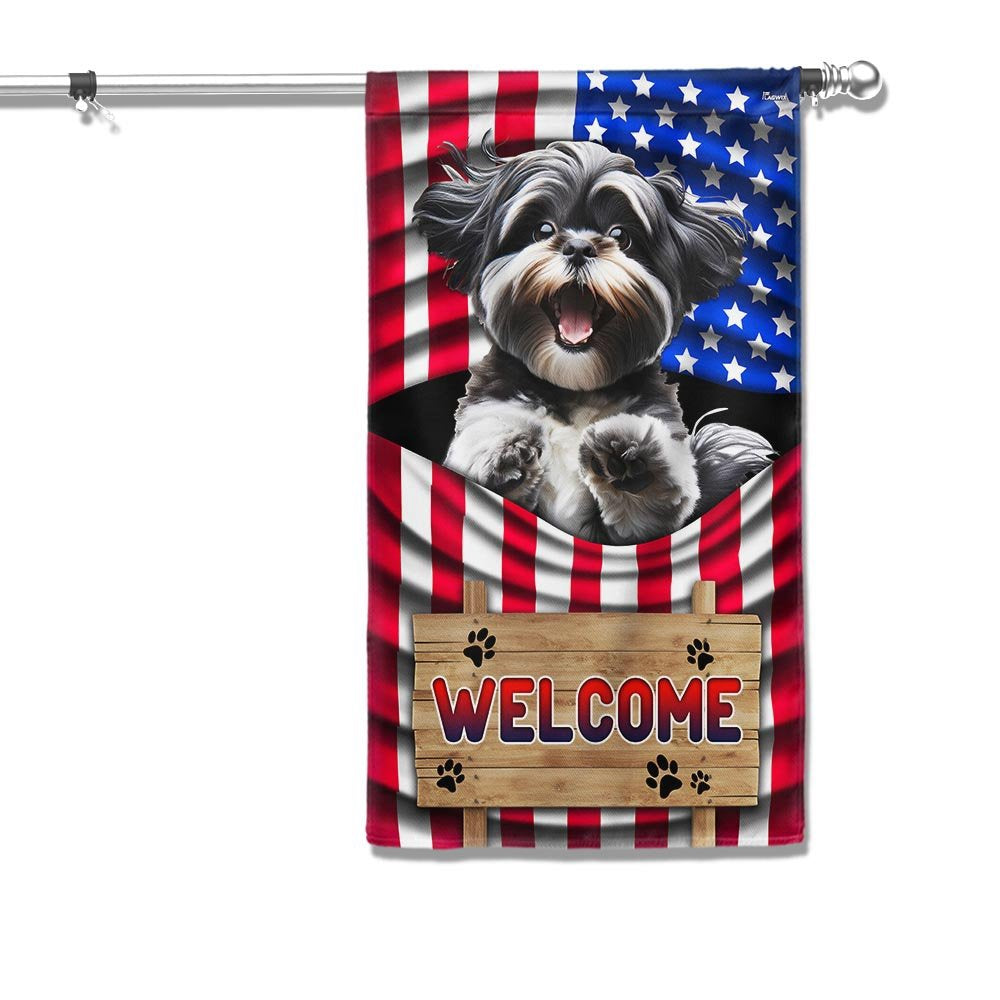 Dog Garden Flags,  Shih Tzu Dog Welcome American Flag, Dog Flags For House, Dog Owner Gift