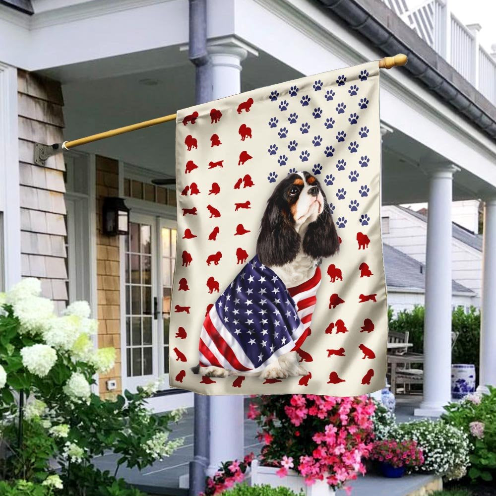 Dog Garden Flags, Tri Color Cavalier King Charles Spaniel Wrapped In American Flag, Dog Flags For House, Dog Owner Gift
