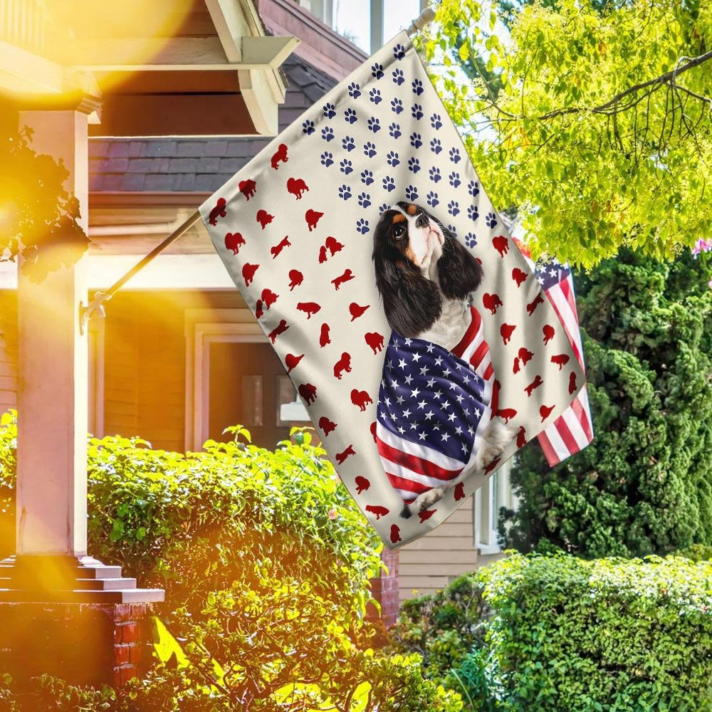 Dog Garden Flags, Tri Color Cavalier King Charles Spaniel Wrapped In American Flag, Dog Flags For House, Dog Owner Gift