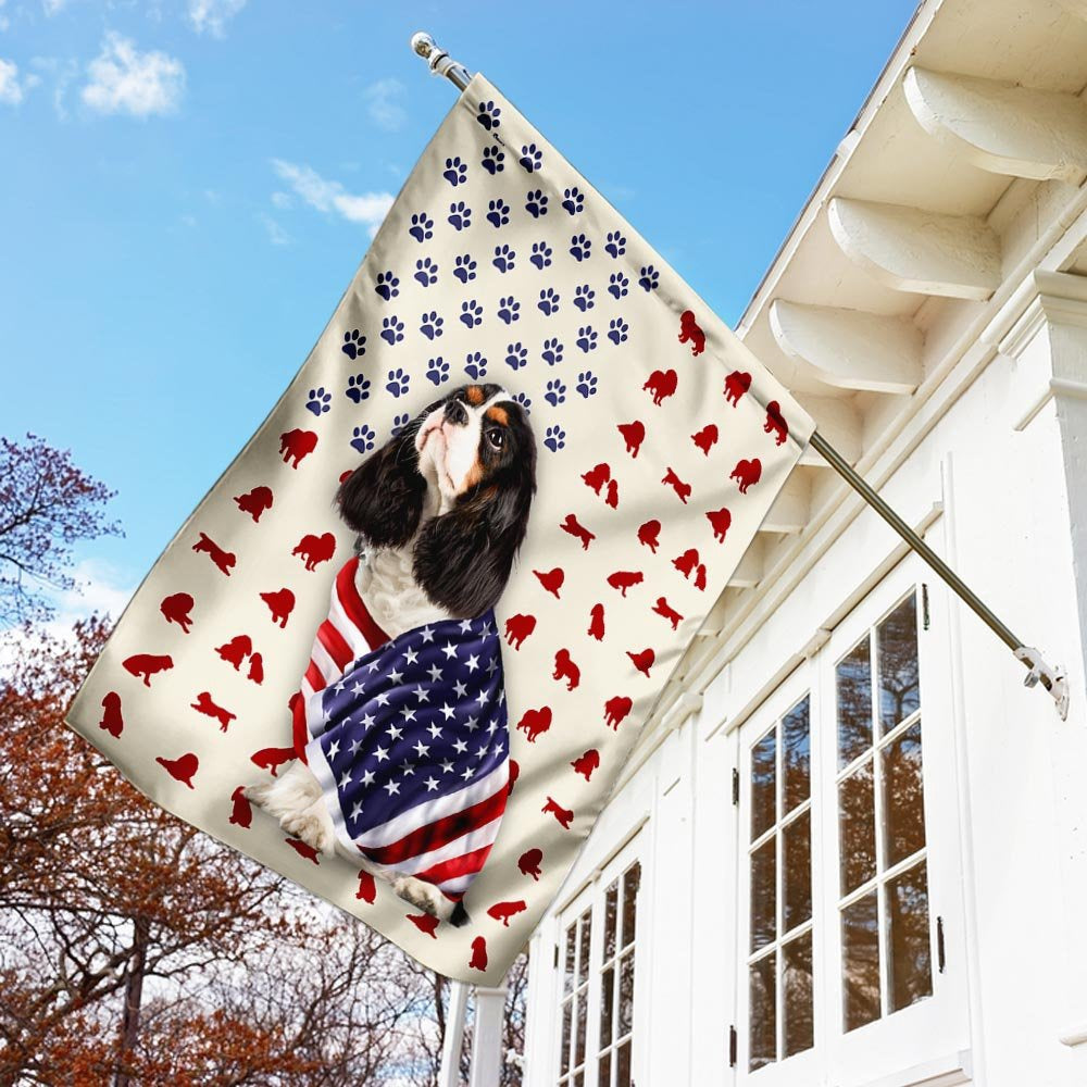 Dog Garden Flags, Tri Color Cavalier King Charles Spaniel Wrapped In American Flag, Dog Flags For House, Dog Owner Gift