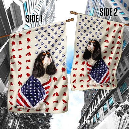Dog Garden Flags, Tri Color Cavalier King Charles Spaniel Wrapped In American Flag, Dog Flags For House, Dog Owner Gift