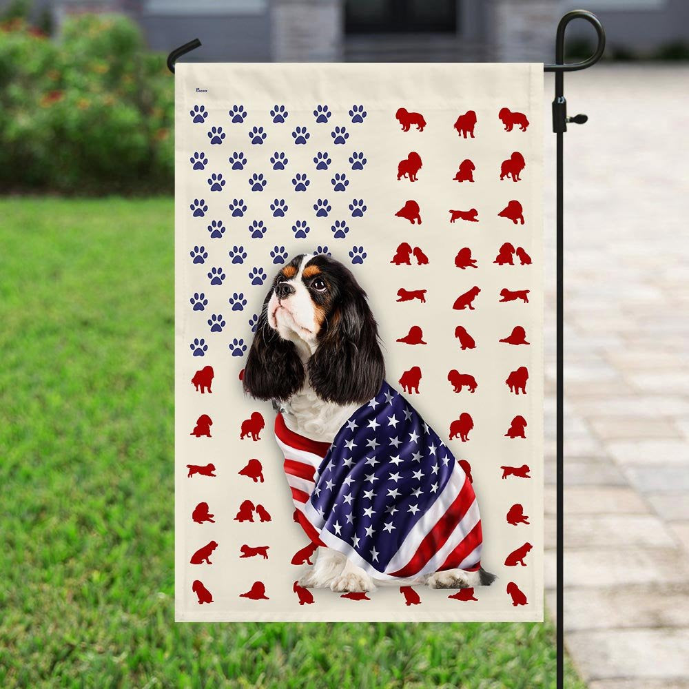 Dog Garden Flags, Tri Color Cavalier King Charles Spaniel Wrapped In American Flag, Dog Flags For House, Dog Owner Gift