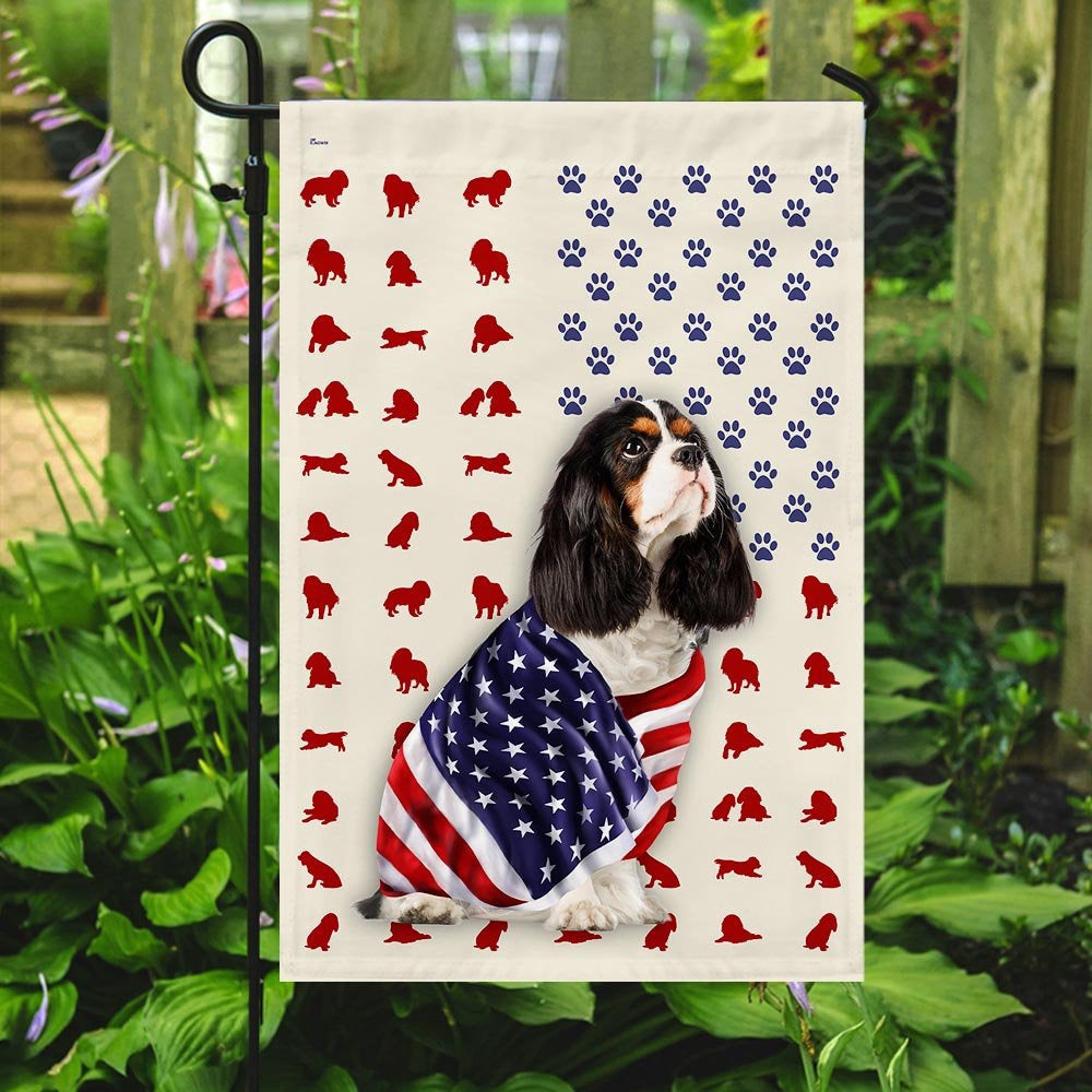 Dog Garden Flags, Tri Color Cavalier King Charles Spaniel Wrapped In American Flag, Dog Flags For House, Dog Owner Gift